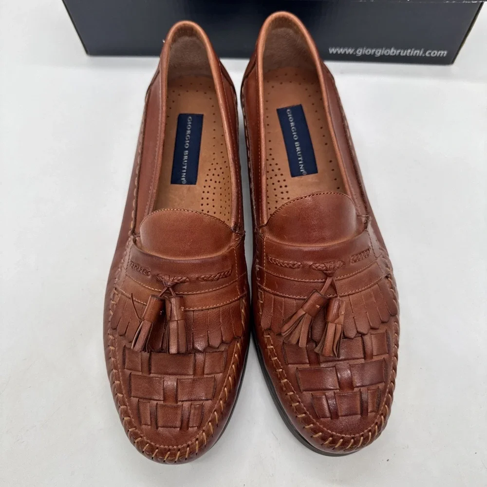 Giorgio Brutini Men's Woven Tassel Loafers Brown Leather Shoes 10M